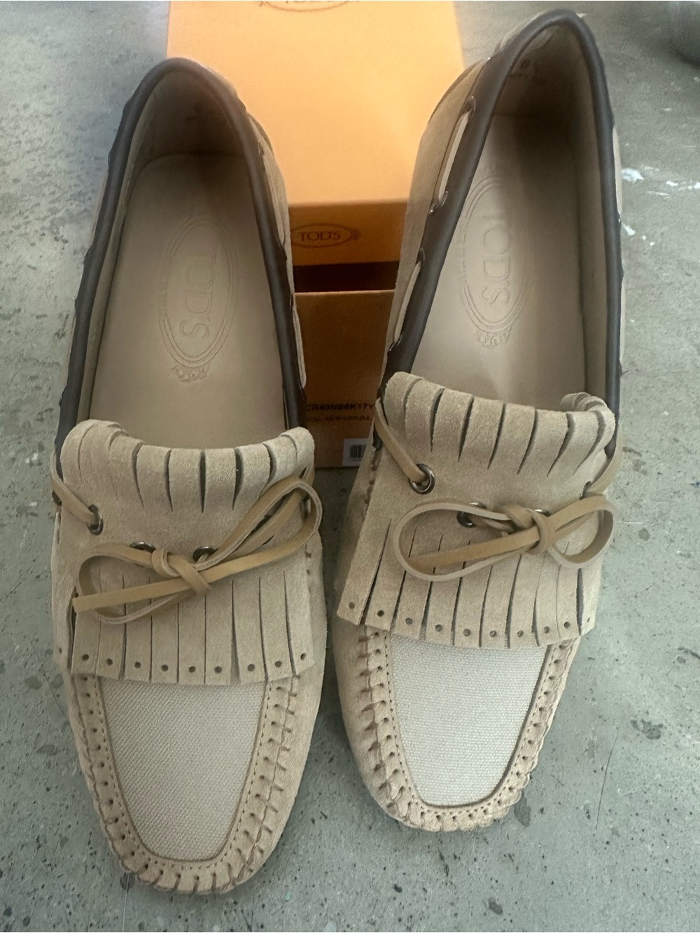 Tod's Beige and Dark Brown Suede Frangia Tassel Boat Shoes